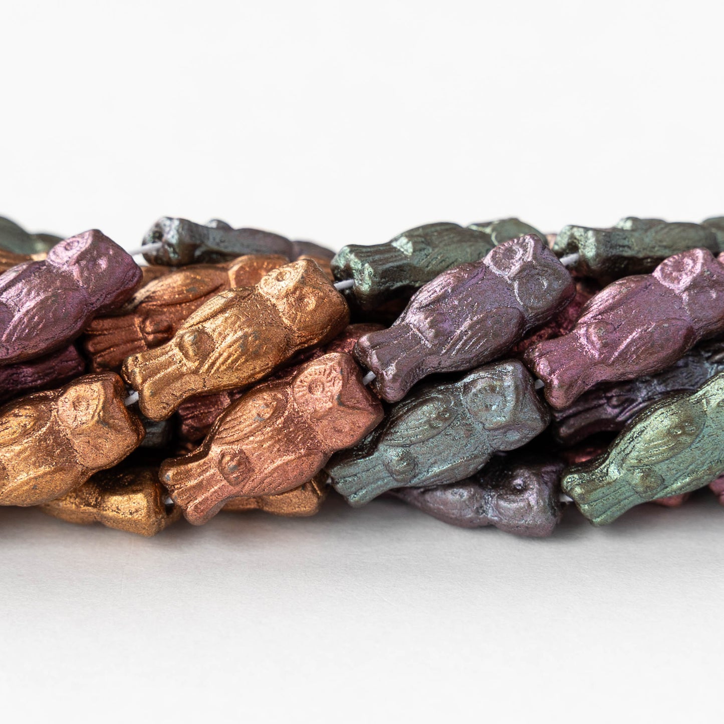 6x14mm Glass Owl Beads - Gold Iris - 10 beads