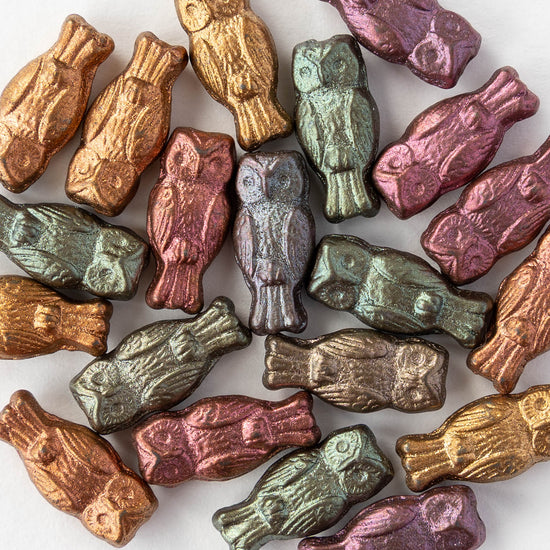 6x14mm Glass Owl Beads - Gold Iris - 10 beads