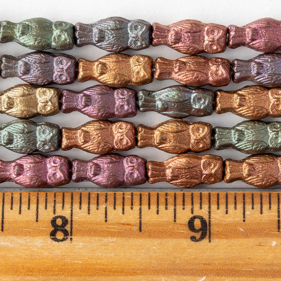 6x14mm Glass Owl Beads - Gold Iris - 10 beads
