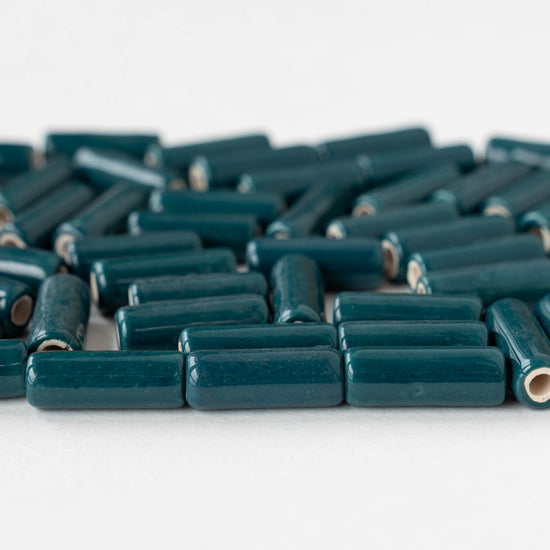 6x17mm Glazed Ceramic Tube Beads -Teal Blue - 10 or 30 beads