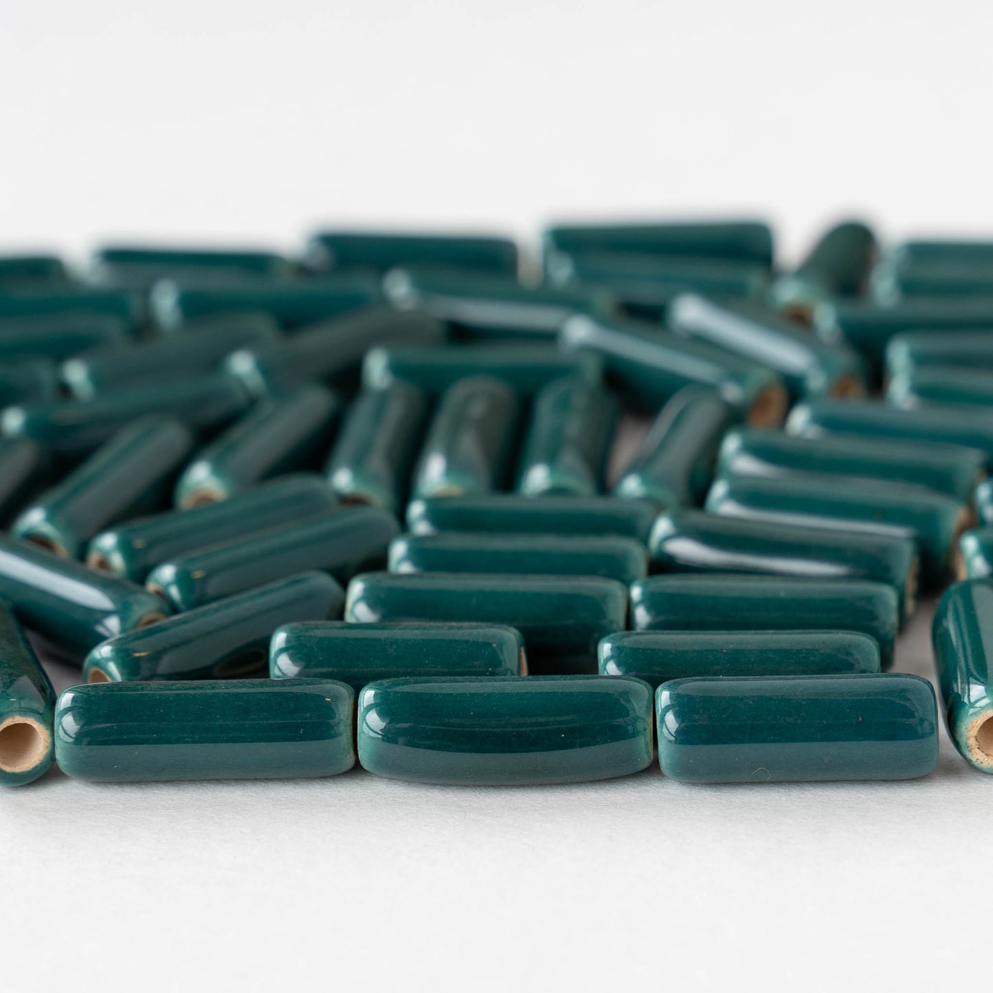 6x17mm Glazed Ceramic Tube Beads -Teal Green - 10 or 30 beads