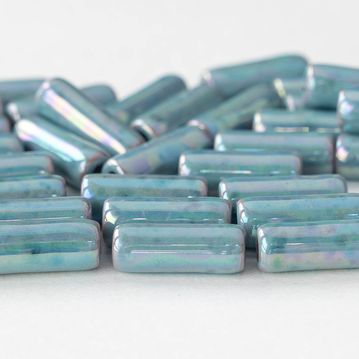 17mm Glazed Ceramic Tube Beads - Iridescent Light Blue - 8 or 24