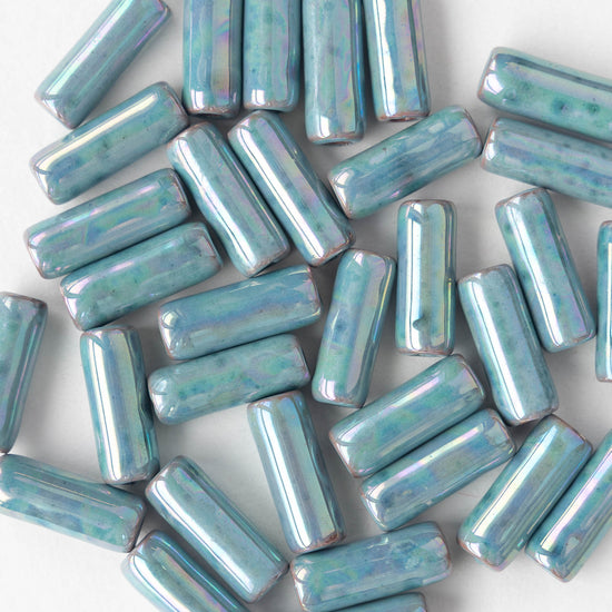 17mm Glazed Ceramic Tube Beads - Iridescent Light Blue - 8 or 24