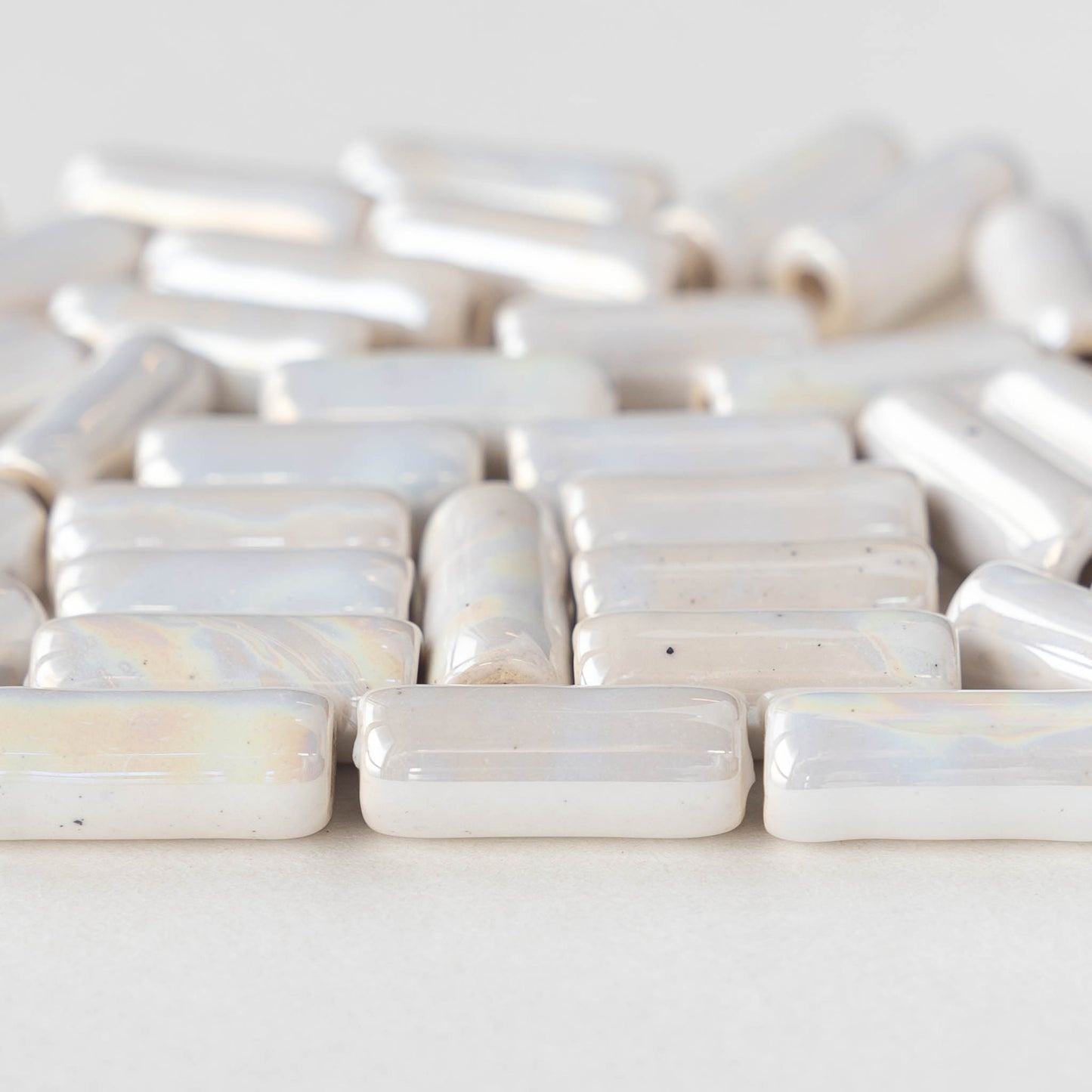 17mm Glazed Ceramic Tube Beads - Iridescent Ivory Opal - 8 or 24