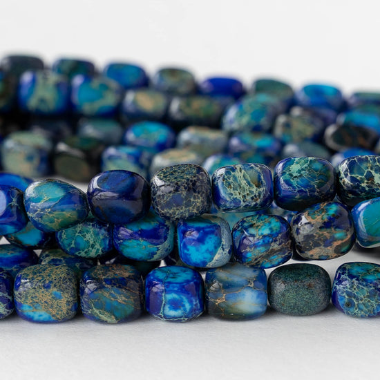 6x8mm Impression Jasper Cornerless Cube Beads - Blue - 16 inch strand ~53 beads