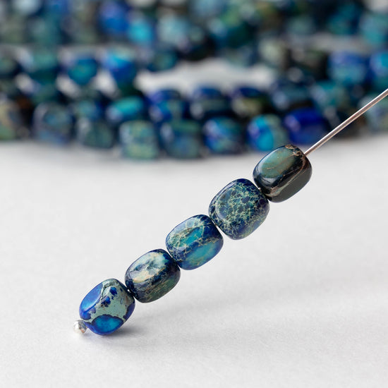 6x8mm Impression Jasper Cornerless Cube Beads - Blue - 16 inch strand ~53 beads
