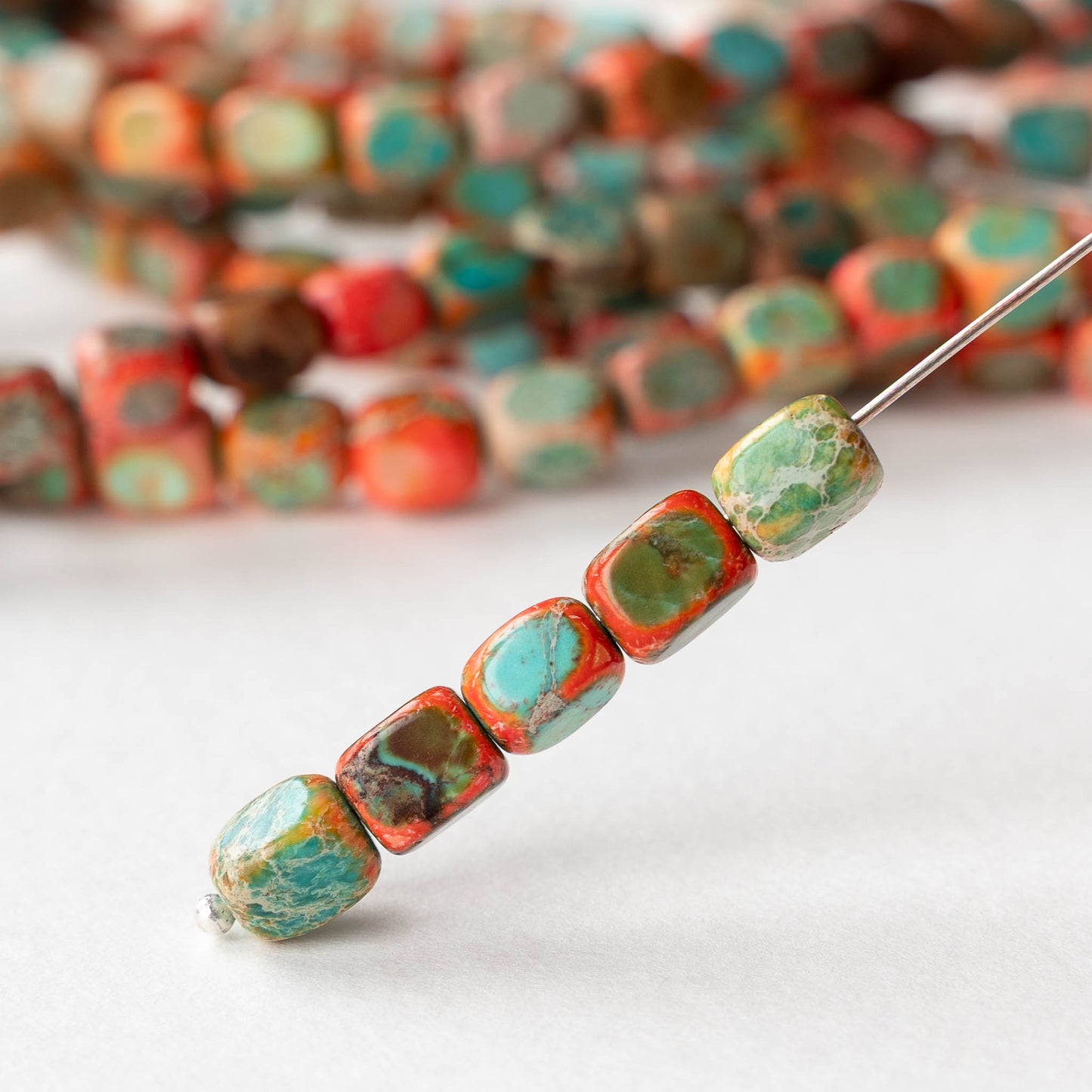 6x8mm Impression Jasper Cornerless Cube Beads - Orange and Light Blue - 16 inch strand ~53 beads