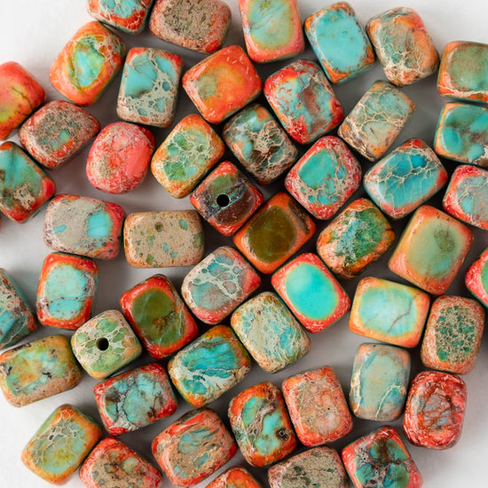 6x8mm Impression Jasper Cornerless Cube Beads - Orange and Light Blue - 16 inch strand ~53 beads