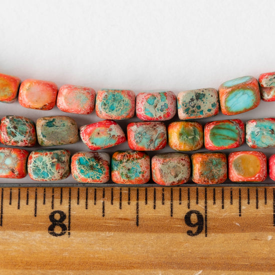 6x8mm Impression Jasper Cornerless Cube Beads - Orange and Light Blue - 16 inch strand ~53 beads