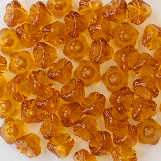 6x8mm Glass Flower Beads - Transparent Amber - 30 Beads