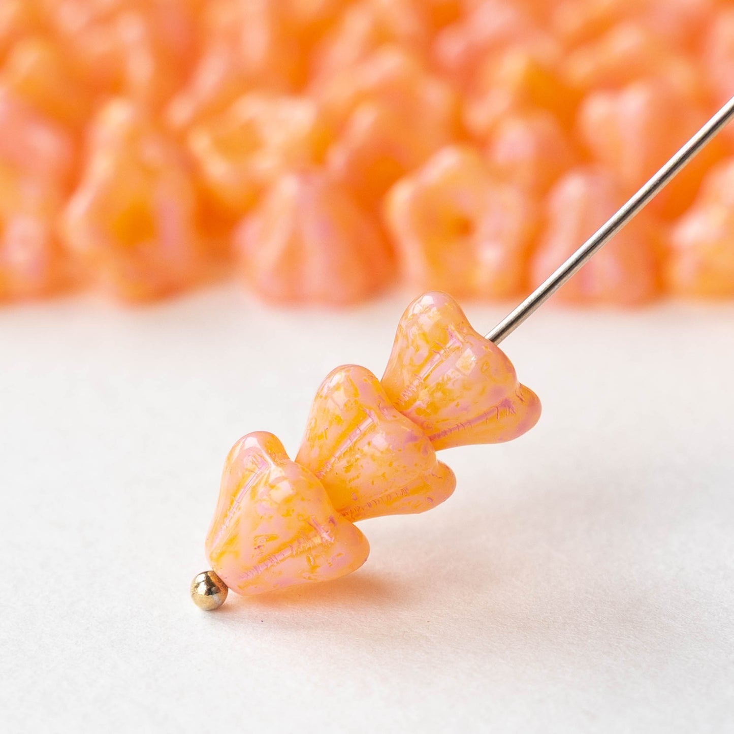 6x8mm Glass Flower Beads - Orange with Pink Wash - 20 Beads