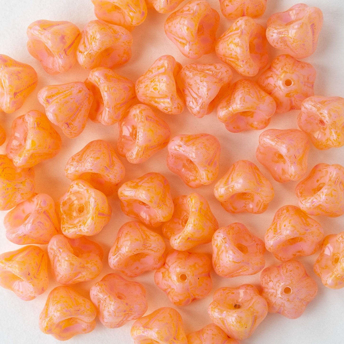 6x8mm Glass Flower Beads - Orange with Pink Wash - 20 Beads
