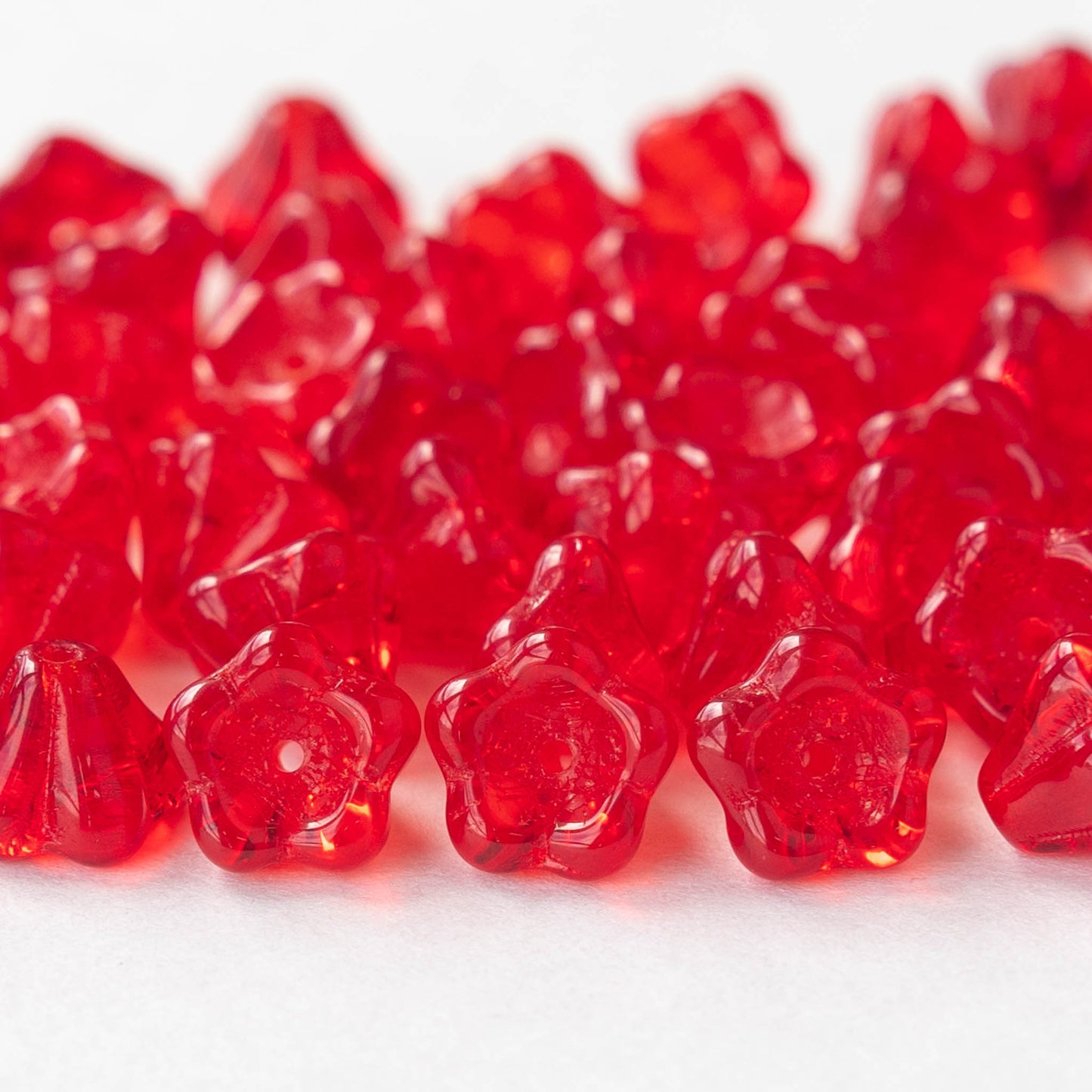 6mm Glass Flower Beads - Transparent Red - 50 beads