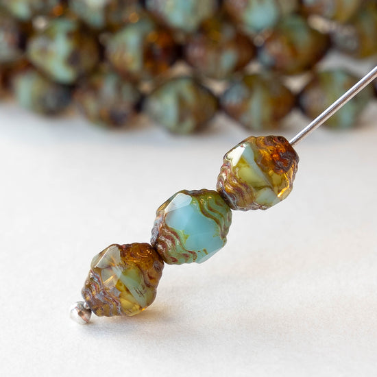 6x8mm Faceted Glass Prop Beads - Opaque Turquoise and Transparent Amber - 15 beads