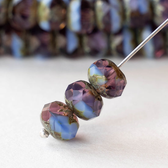 6x8mm Firepolished Rondelle Beads - Cornflower Blue and Purple with a Picasso Finish - 10 Beads