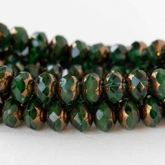 6x8mm Firepolished Rondelle Beads - Emerald with Bronze - 10 Beads