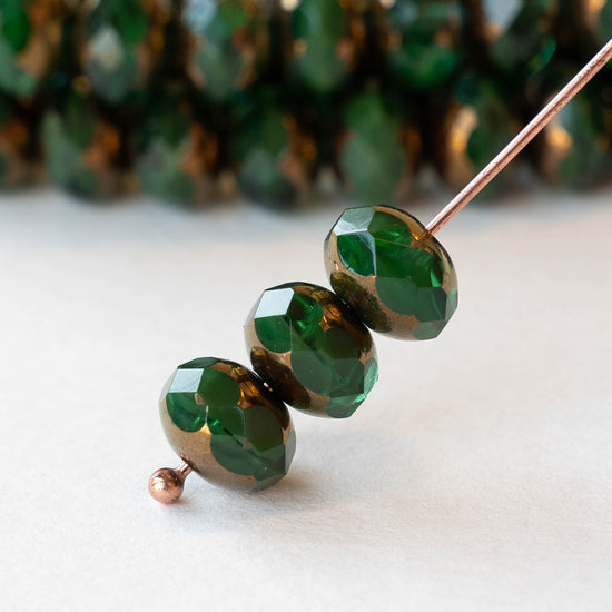 6x8mm Firepolished Rondelle Beads - Emerald with Bronze - 10 Beads