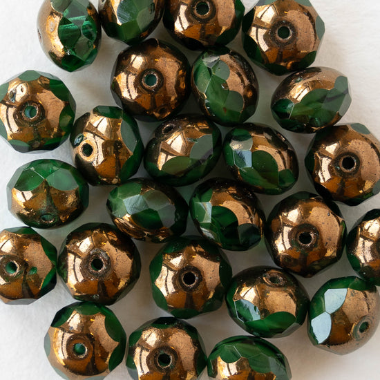 6x8mm Firepolished Rondelle Beads - Emerald with Bronze - 10 Beads