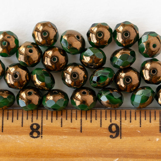 6x8mm Firepolished Rondelle Beads - Emerald with Bronze - 10 Beads