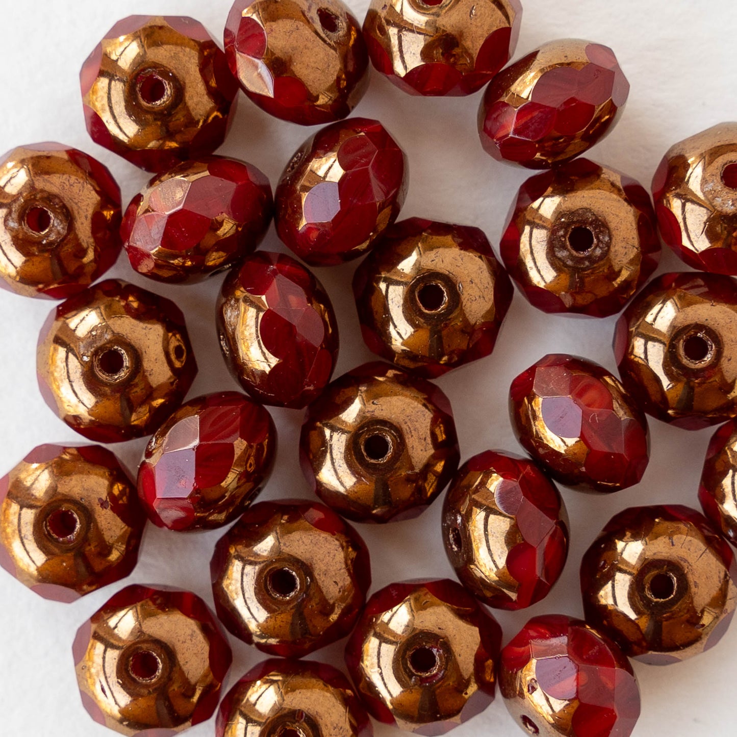 6x8mm Firepolished Rondelle Beads - Opaque Red with Bronze - 10 Beads