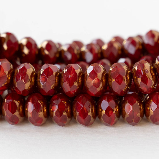 6x8mm Firepolished Rondelle Beads - Opaque Red with Bronze - 10 Beads