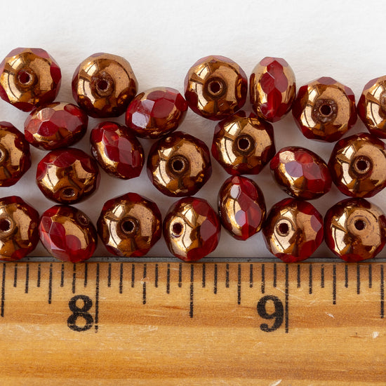 6x8mm Firepolished Rondelle Beads - Opaque Red with Bronze - 10 Beads