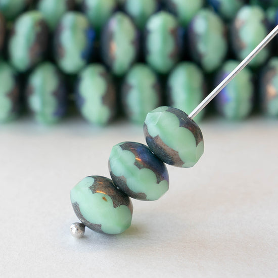 6x8mm Firepolished Rondelle Beads - Opaque Seafoam and Bronze AB - 25 Beads