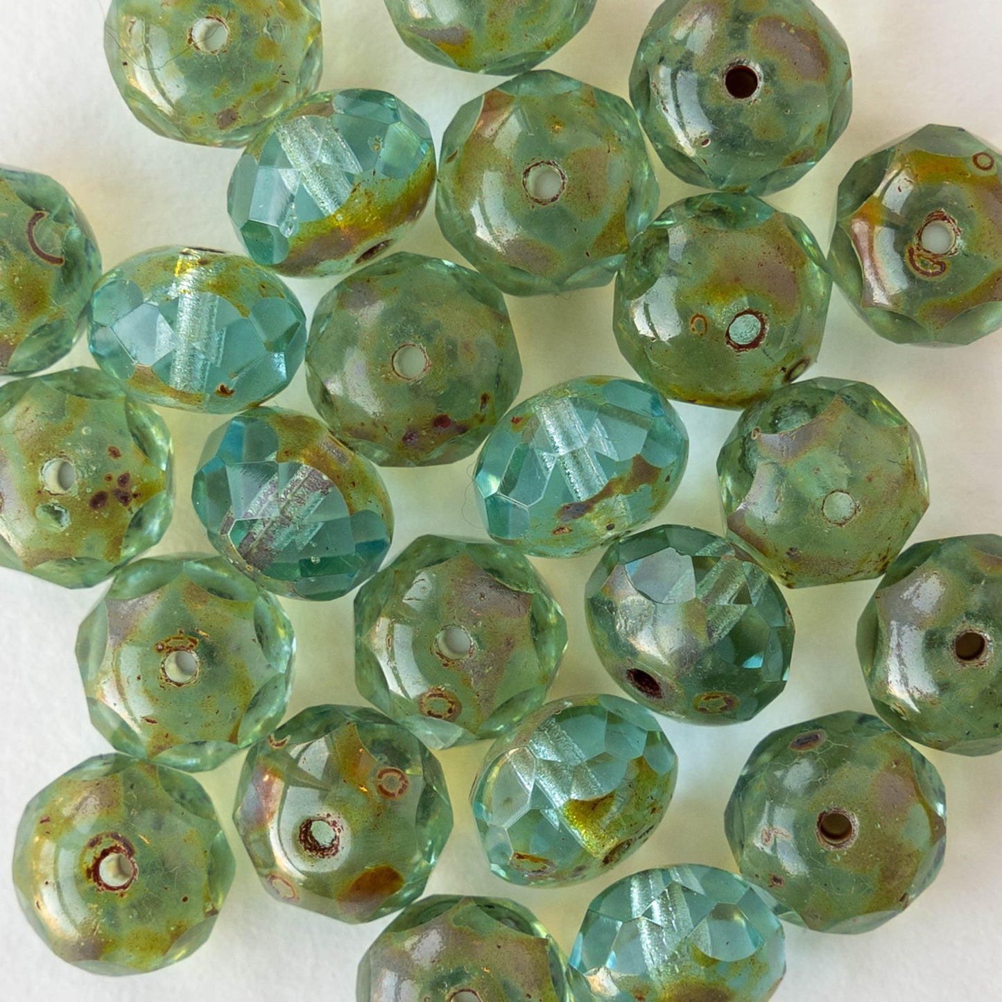 6x8mm Firepolished Rondelle Beads - Transparent Seafoam Picasso - 10 Beads