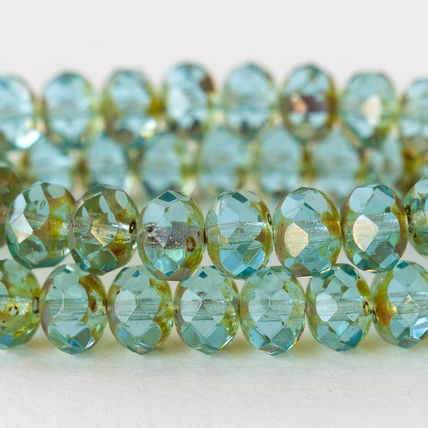 6x8mm Firepolished Rondelle Beads - Transparent Seafoam Picasso - 10 Beads