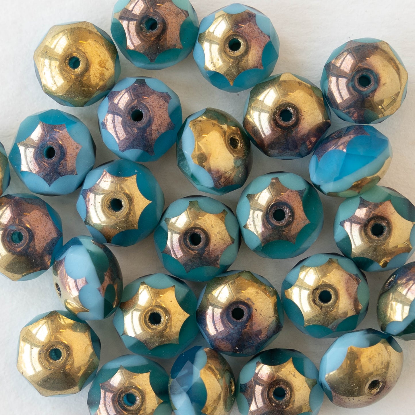 6x8mm Firepolished Rondelle Beads -  Teal Aqua Mix with Gold and Bronze - 25 Beads