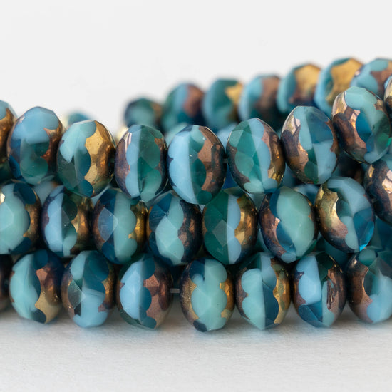 6x8mm Firepolished Rondelle Beads -  Teal Aqua Mix with Gold and Bronze - 25 Beads