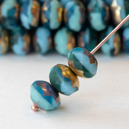 6x8mm Firepolished Rondelle Beads -  Teal Aqua Mix with Gold and Bronze - 25 Beads