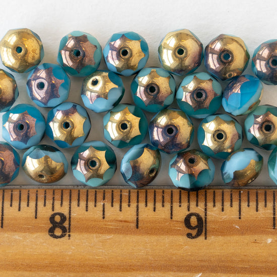 6x8mm Firepolished Rondelle Beads -  Teal Aqua Mix with Gold and Bronze - 25 Beads