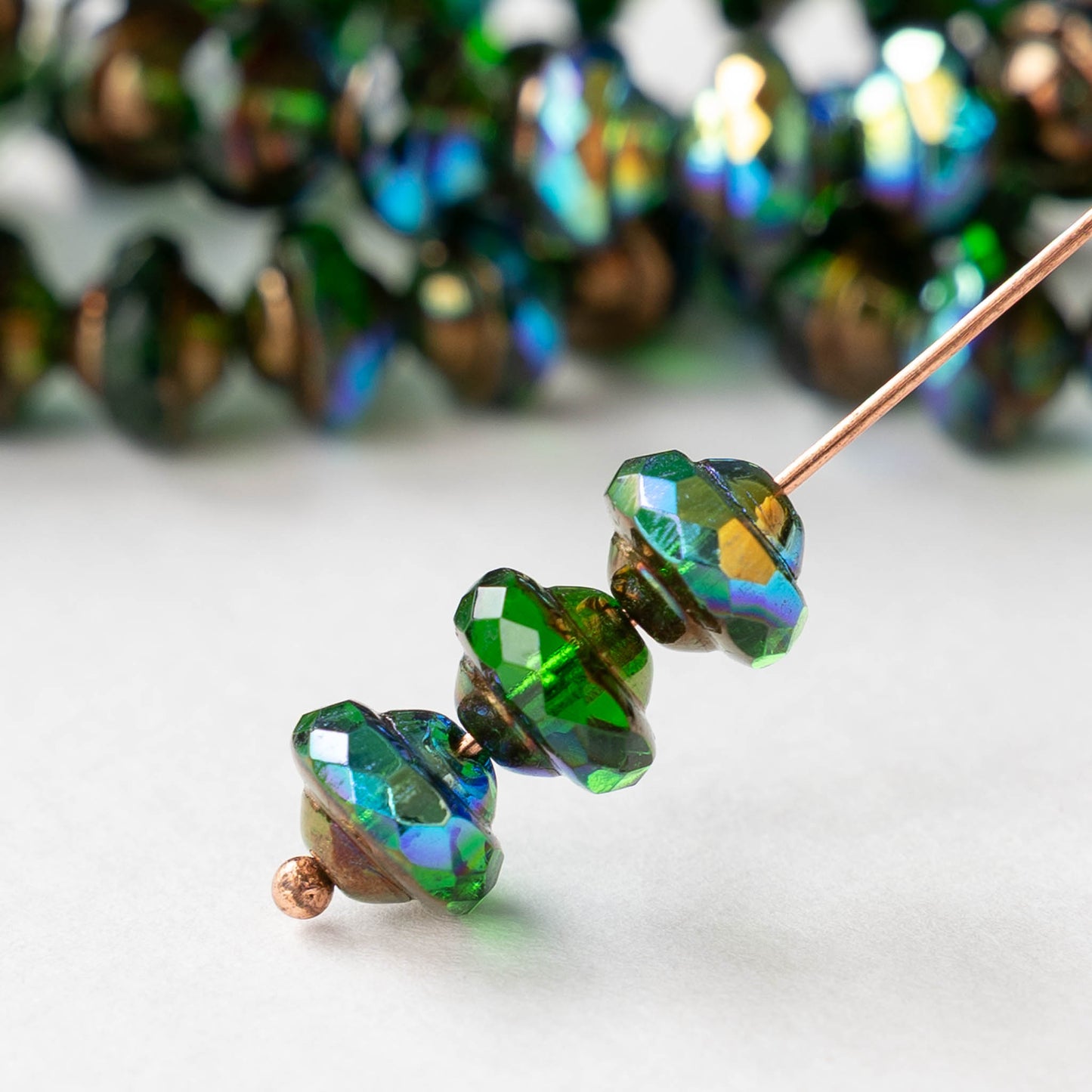 6x8mm Glass Saturn Beads - Green AB Copper - 10 or 20 Beads