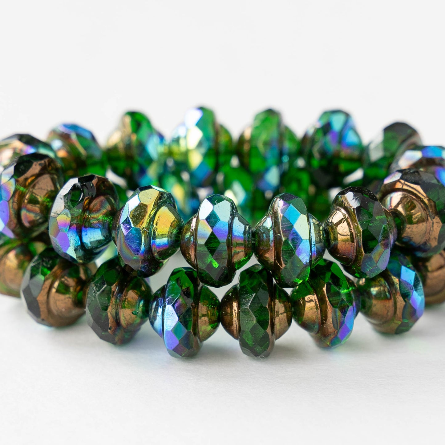 6x8mm Glass Saturn Beads - Green AB Copper - 10 or 20 Beads