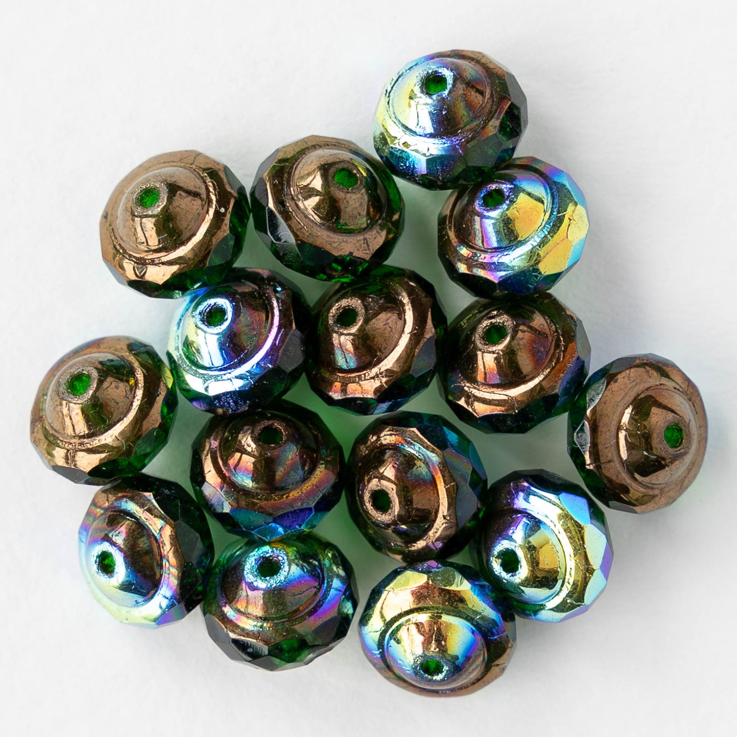6x8mm Glass Saturn Beads - Green AB Copper - 10 or 20 Beads