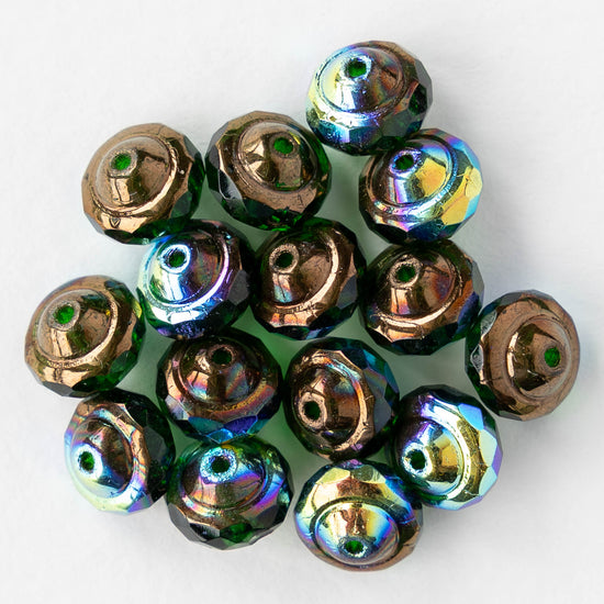 6x8mm Glass Saturn Beads - Green AB Copper - 10 or 20 Beads