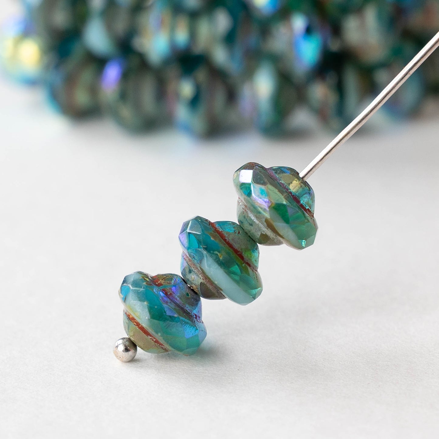 6x8mm Glass Saturn Beads - Emerald Green and Sky Blue Picasso AB - 10 or 20 Beads