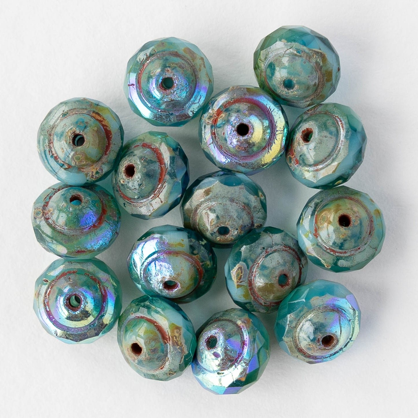 6x8mm Glass Saturn Beads - Emerald Green and Sky Blue Picasso AB - 10 or 20 Beads