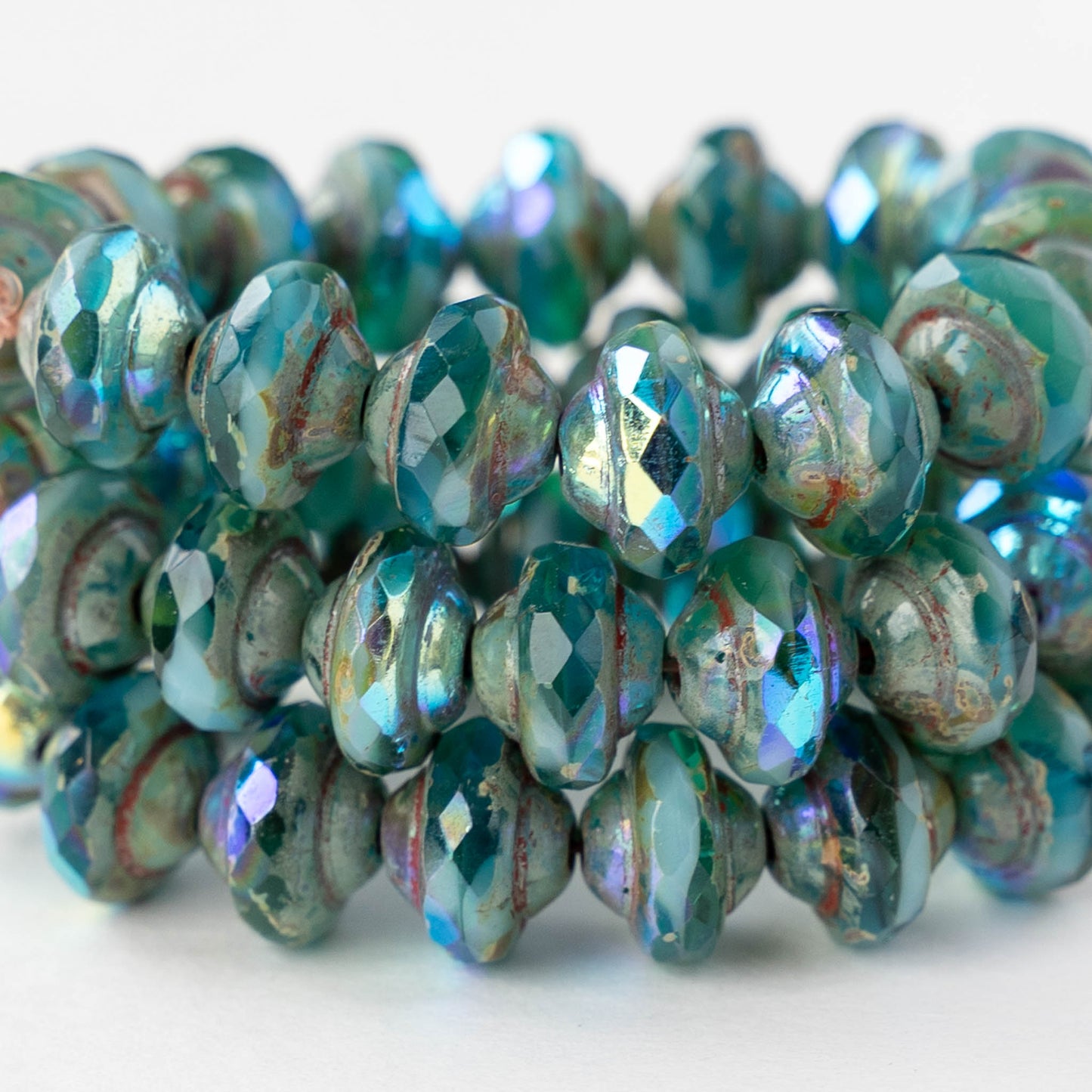 6x8mm Glass Saturn Beads - Emerald Green and Sky Blue Picasso AB - 10 or 20 Beads