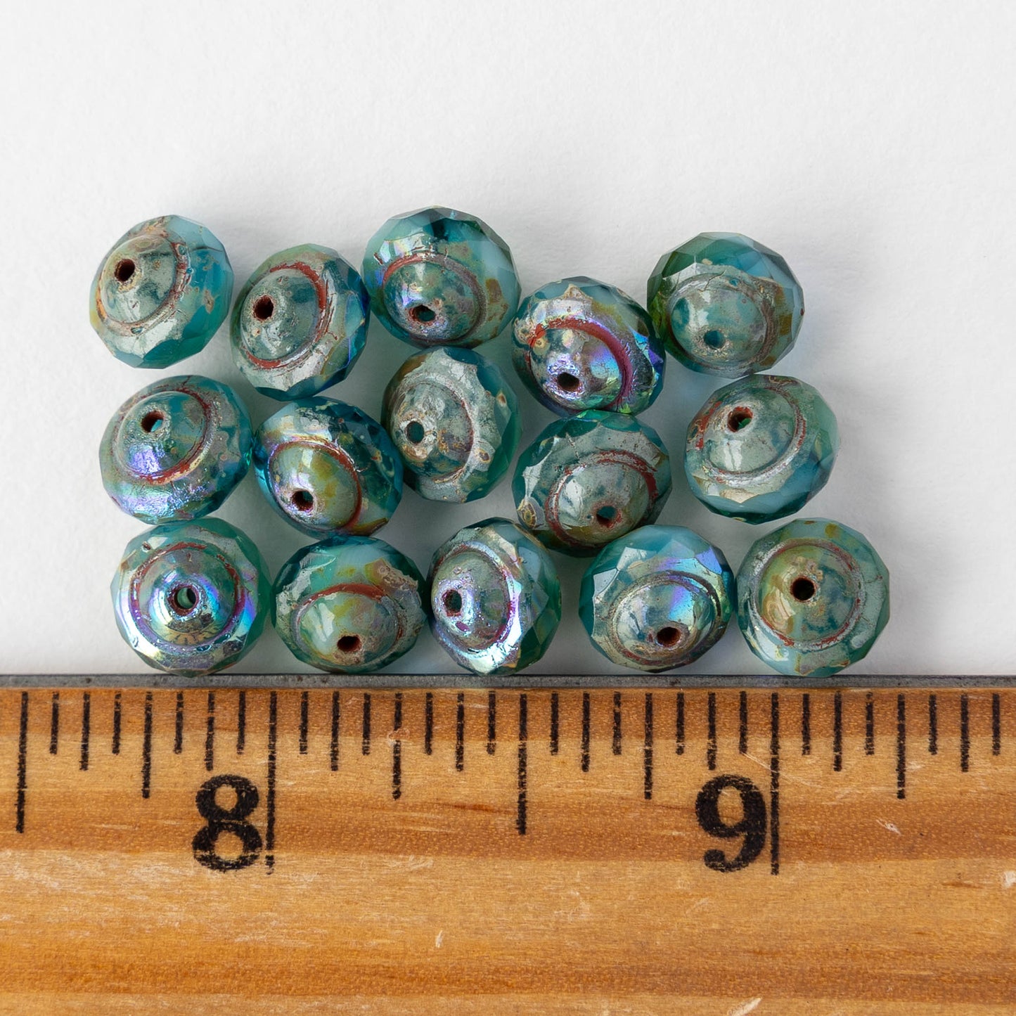 6x8mm Glass Saturn Beads - Emerald Green and Sky Blue Picasso AB - 10 or 20 Beads