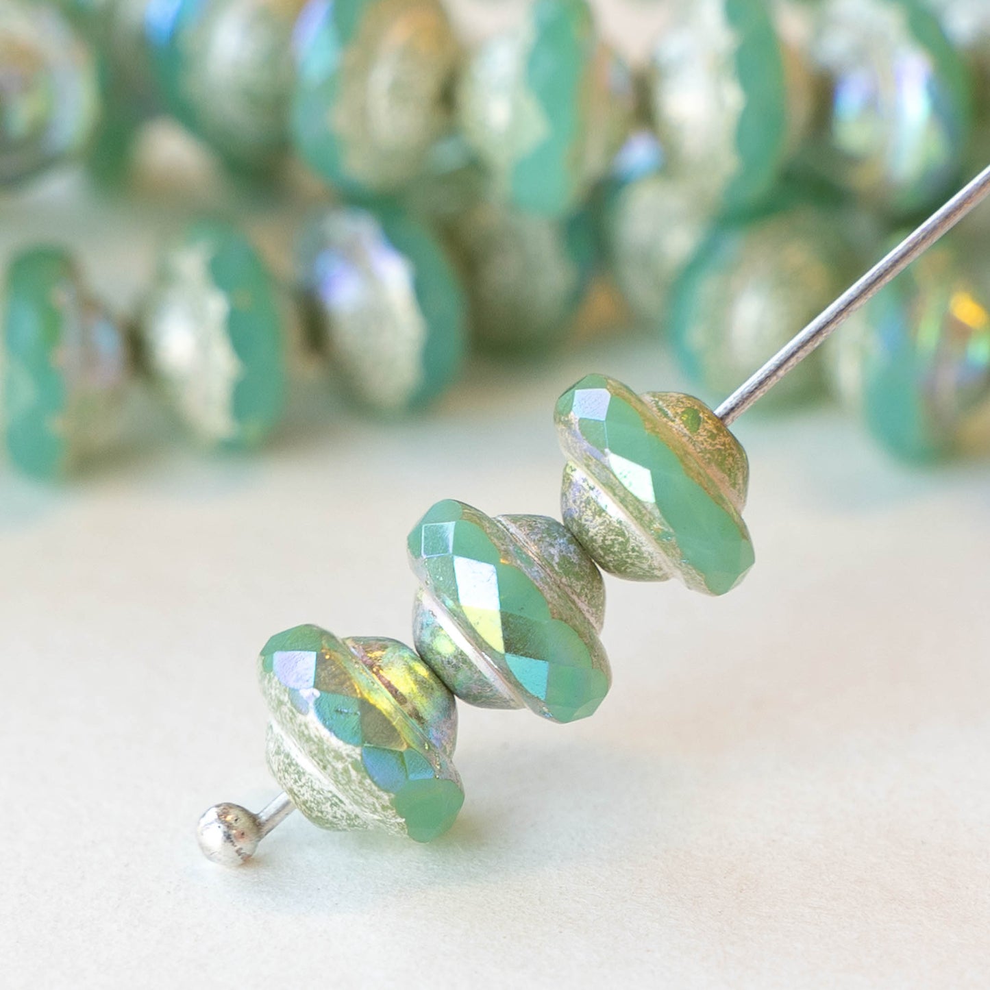 6x8mm Glass Saturn Beads - Opaque Seafoam with Silver Dust - 15 Beads