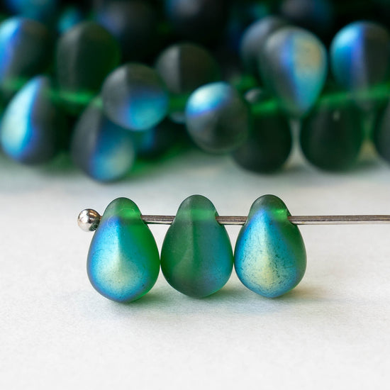 6x9mm Glass Teardrop Beads - Emerald AB Matte - 50 Beads