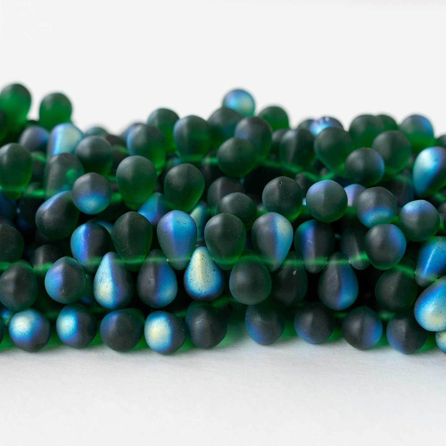 6x9mm Glass Teardrop Beads - Emerald AB Matte - 50 Beads