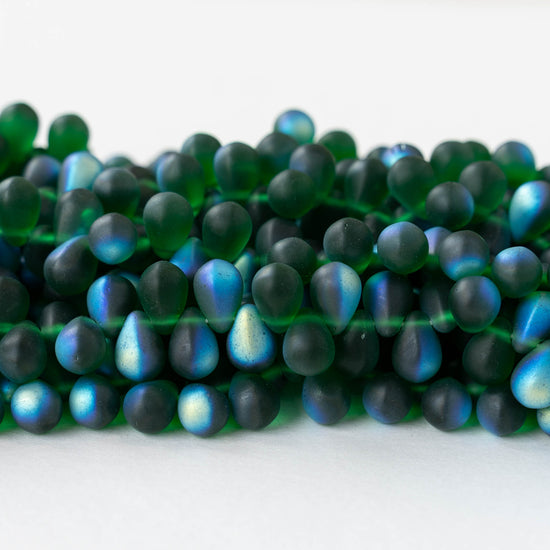6x9mm Glass Teardrop Beads - Emerald AB Matte - 50 Beads