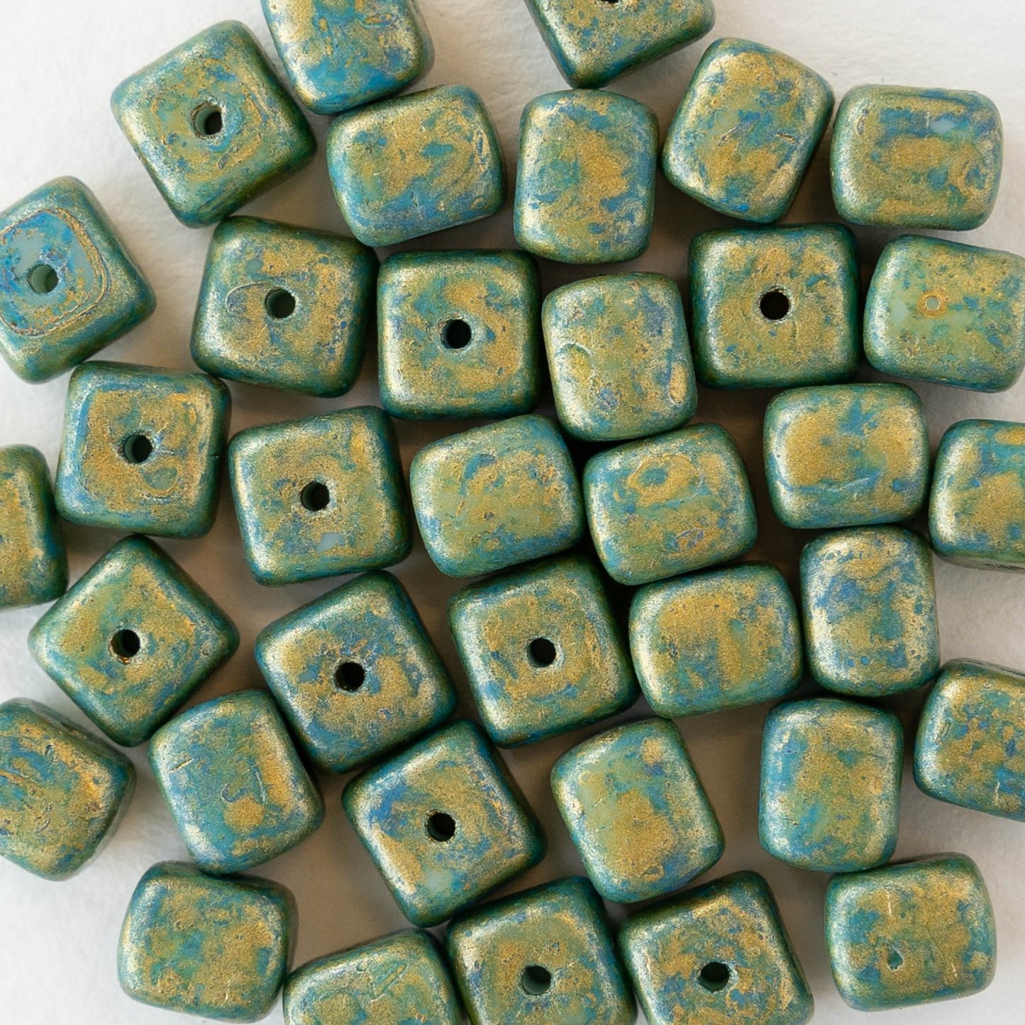 6x9mm Glass Cube Beads - Opaque Turquoise with Gold Dust - 20 beads