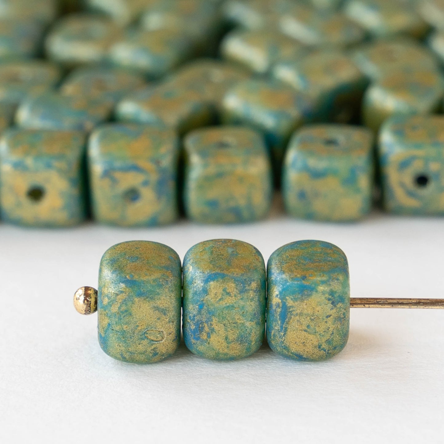 6x9mm Glass Cube Beads - Opaque Turquoise with Gold Dust - 20 beads