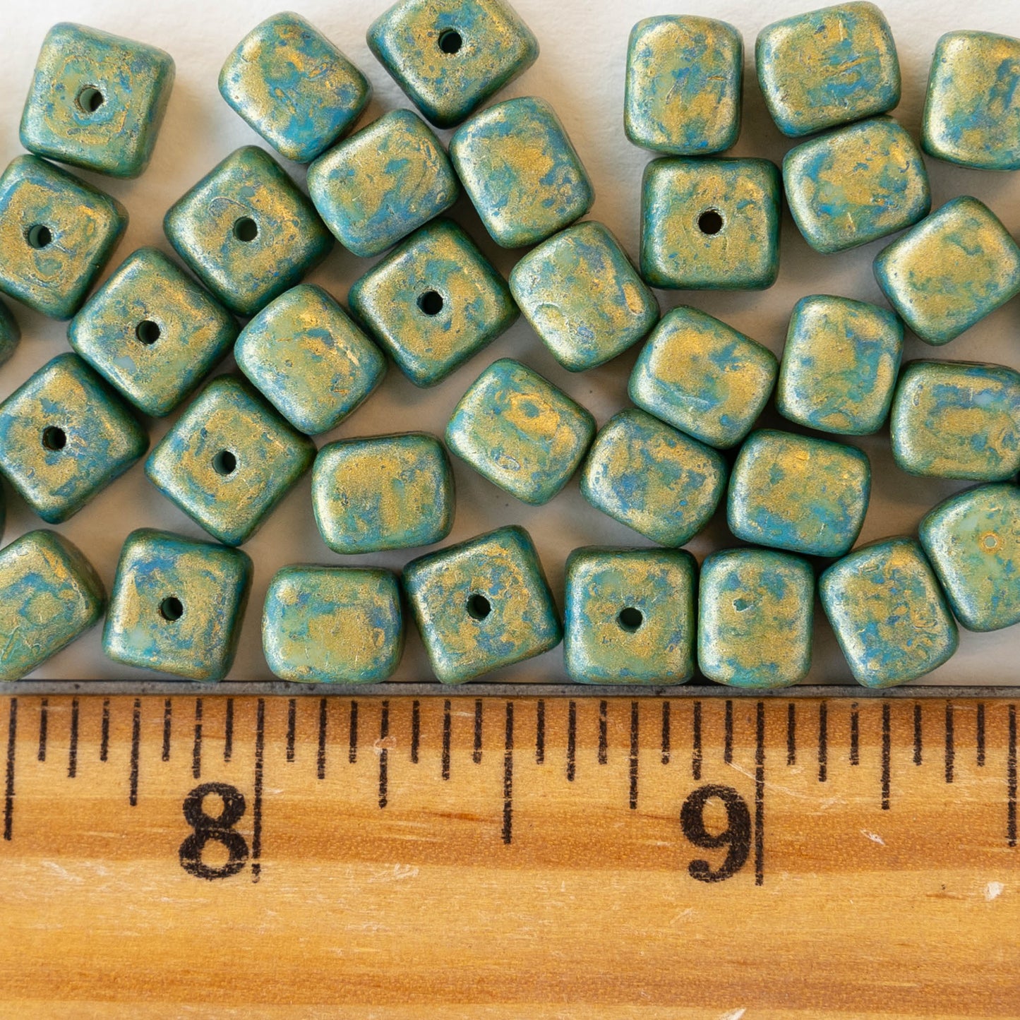 6x9mm Glass Cube Beads - Opaque Turquoise with Gold Dust - 20 beads