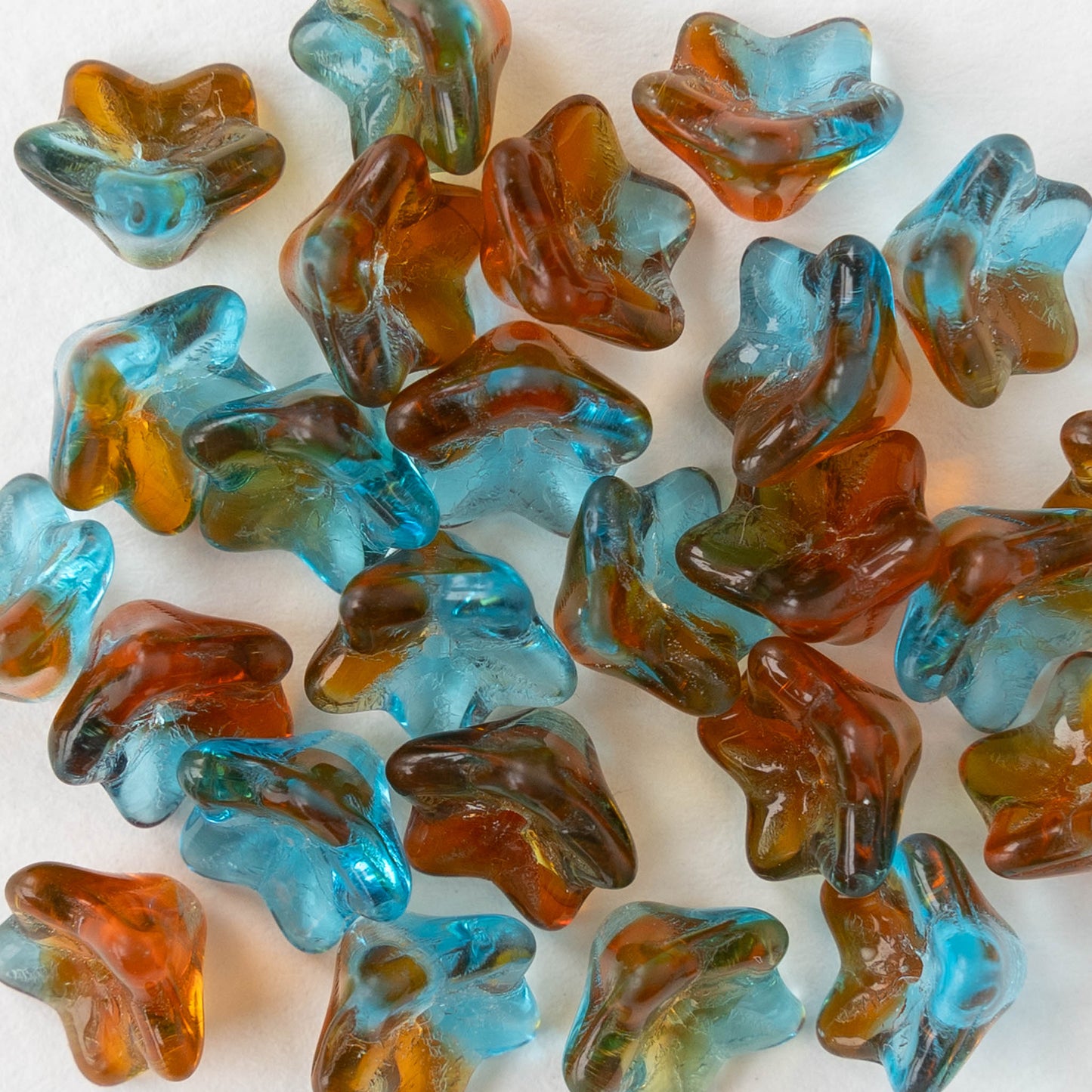 6x9mm Glass Bell Flower Beads - Transparent Aqua Amber Mix - 12 beads