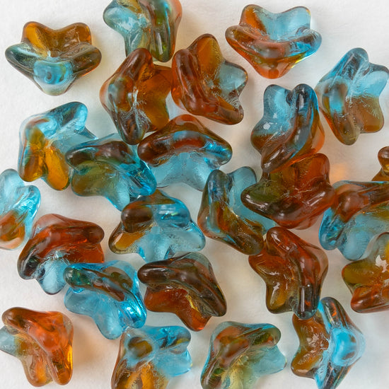 6x9mm Glass Bell Flower Beads - Transparent Aqua Amber Mix - 12 beads